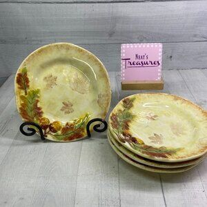 Gibson Elite SIMPLY NATURE Handpainted Embossed Leaves Nuts Salad Plates Set 4
